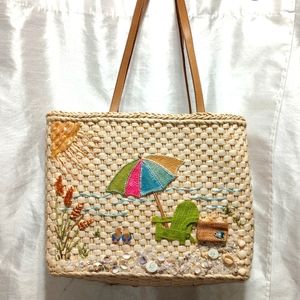 Fun Beach Scene Straw Wicker Weave BAG Tote w Seashells